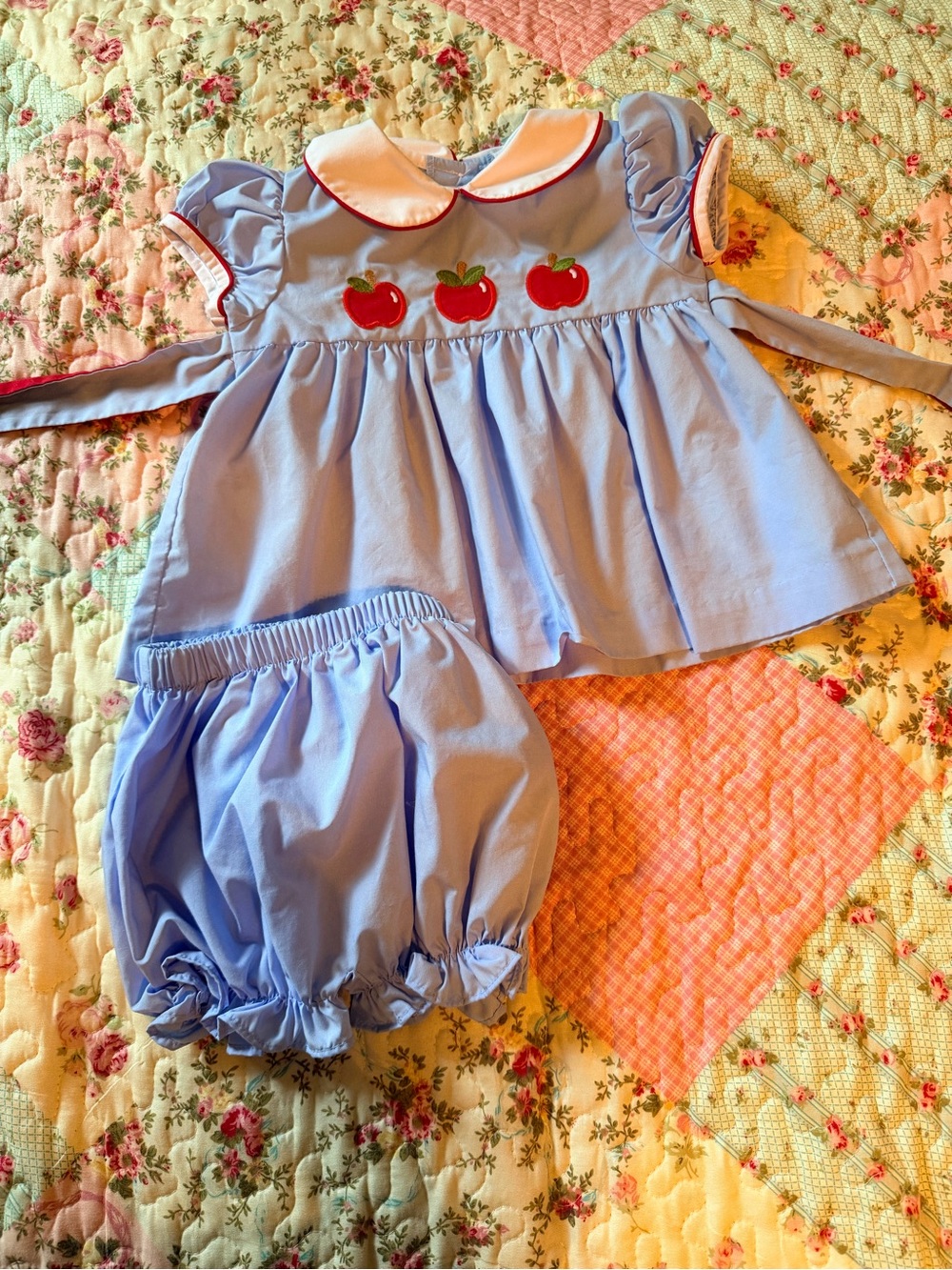 Little English Light Blue Apple Appliqué Theater Set with Bloomers